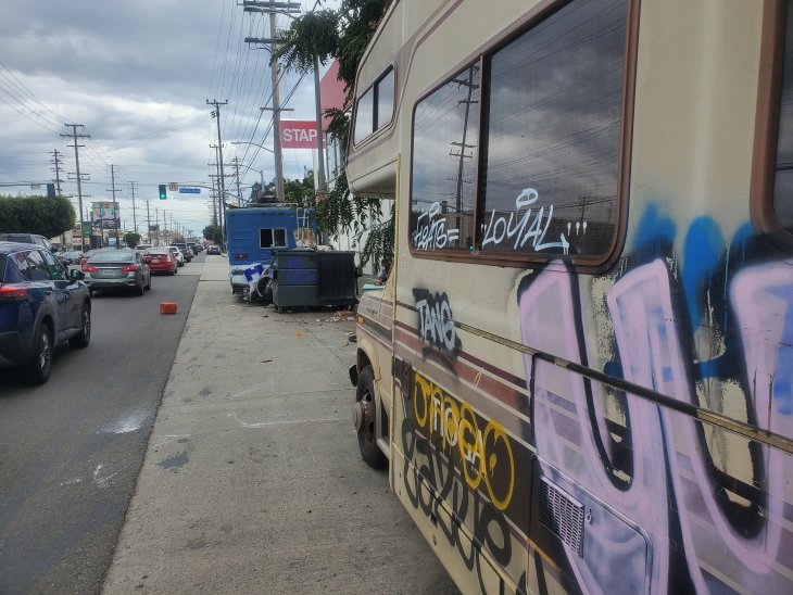 Venice Shorts Staples Surrounded by RVs & Tents at Lincoln Blvd Yo